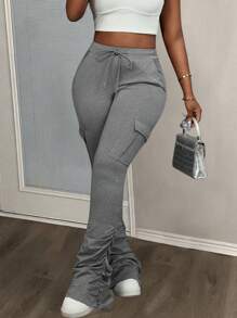 Slaydiva High-Waisted Casual Ruched Grey Color Utility Pocket Flared Pants For Women - Grey - View 5