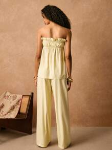 Poéselle Women's Two Pieces Suit, Linen Two Pieces Suit, With Pockets, Yellow Two Pieces Suit 2pcs/Set Vacation Casual Solid Color Bandeau Top And Long Pants Set Tube Top&Baggy Linen Pants Summer Clothes Two Pieces Outfits Summer Women Clothes Summer Two Pieces Outfits Yellow Pants Set, Butter Yellow - Yellow - View 6