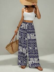 SHEIN PETITE Elephant Print Wide-Leg Pants Are Suitable For Vacation And Beach Dates,Bohemia - Navy Blue - View 6