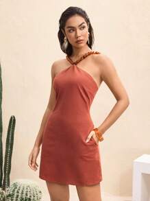 BY FELIZIA Women's Brown Solid Beaded Camisole Summer Mini Dress Vacation Sundress - Brown - View 7