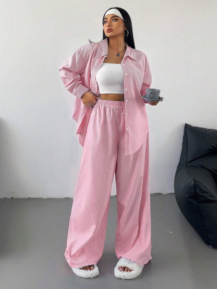 POPSWAY Conjunto informal de 2 piezas de manga larga con rayas azules y blancas en talla grande - Rosa vieja - Ver 1