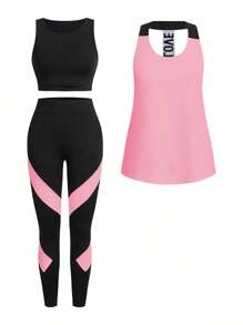 Eassivo Eassivo Contrast Color Patchwork Tank Top And Leggings Sports Suit Workout Women Sets - Pink - View 2