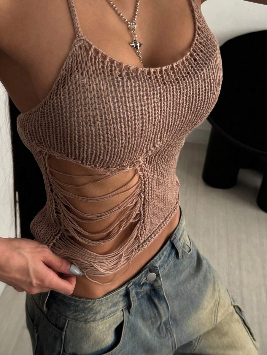 StreetHx 街头服饰女士纯色镂空破洞无袖休闲针织短款上衣，适合春夏季 - 咖啡棕 - 查看 1