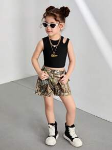 Young Girl Branch Print Flip-Pocket Casual Denim Shorts, Summer - Multicolor - View 4