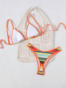 Swim Vcay Women's Crochet Bohemian Multicolor Mesh Trim Triangle Top Backless Two Pieces Bikini Swimsuit, Fashion Party Sexy Split Swimwear For Beach Holiday Summer - Multicolor - View 2