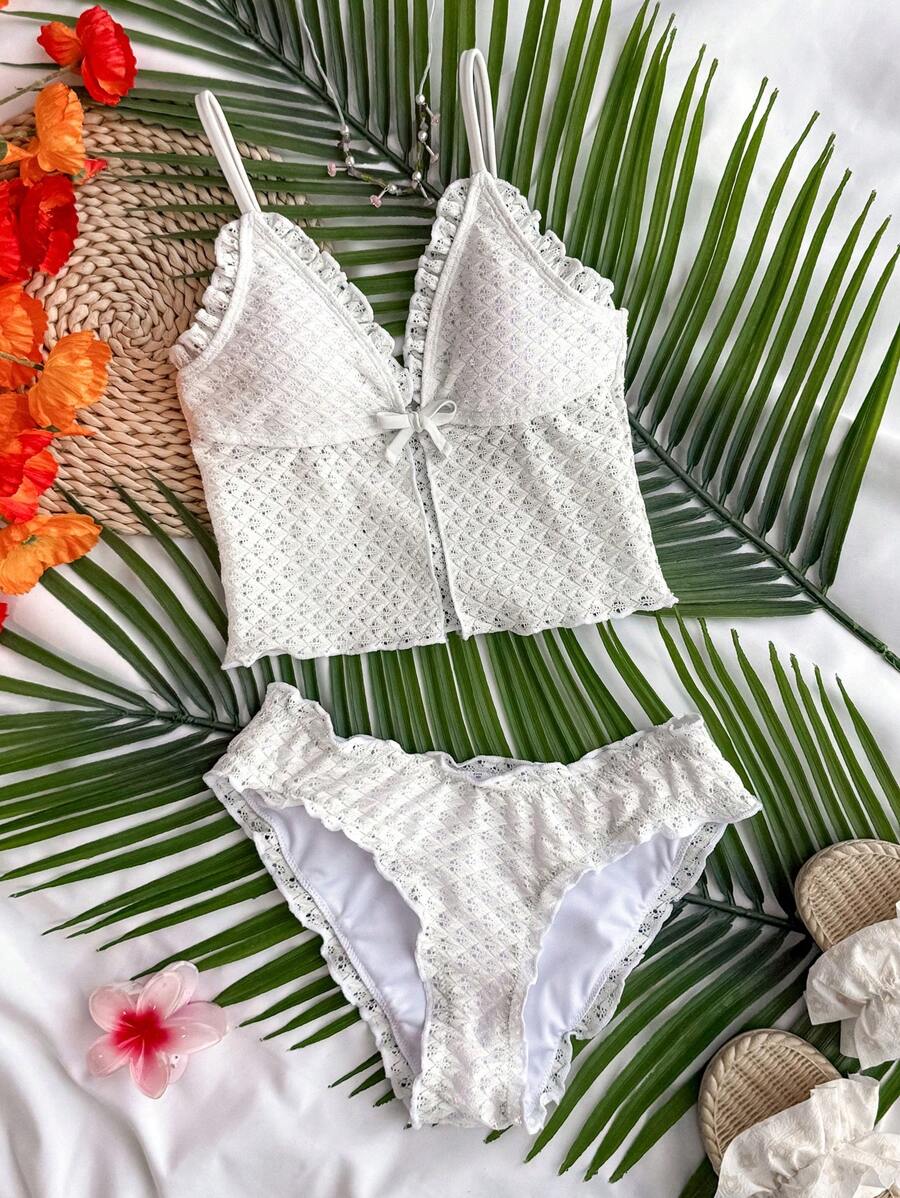 SHEIN Teen Girls White Knit Jacquard Ruffle Edge Cute Swimwear Set, Bow Accent Tankini Set, Beach Resort - White - View 1