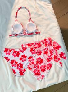 SHEIN Leap Crew Teen Girls Spring & Summer Clean Girl, Light Pink, White, Floral Print Bikini Set With Wrap Skirt 3 Pieces Swimwear, Vacation/Holiday, Vintage//Beach/Sea/Elegant/Cute - Red - View 2