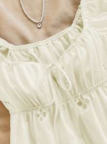 SHEIN Unity V Neck Ruffle Tie Front Hollow Out Floral Embroidered Mini Dress, Vacation Style - Apricot - View 3