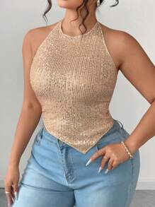 Elenzga Áo dự tiệc/club lấp lánh, bất đối xứng, gợi cảm dành cho nữ cỡ lớn - Rượu sâm banh - Xem 5