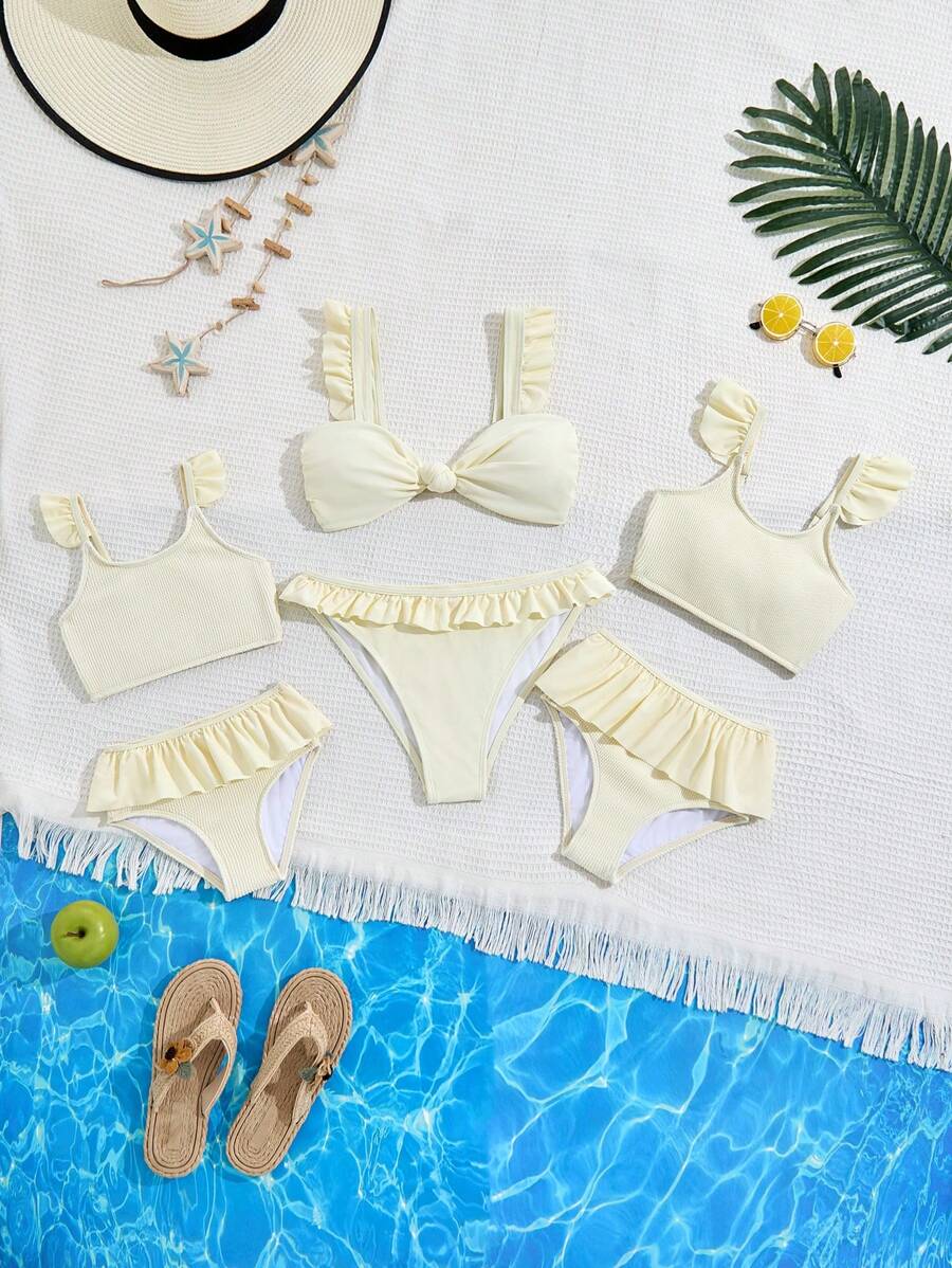 SHEIN Young Girl' Cream Ruffle Trim Bikini Set, Mommy And Me Matching Outfits (3 Sets Sold Separately) - Beige - View 1