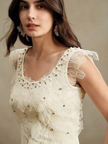 Anewsta ملابس علوية أو تي شيرت نسائي مطرز براق وعصري للربيع والصيف - أبيض - مشاهدة 3