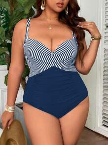 Swim Lushoire Đồ bơi liền thân có đệm gân, gọng nhún bèo phía trước, chân thường tối giản cho nữ cỡ lớn - Màu xanh lam - Xem 3