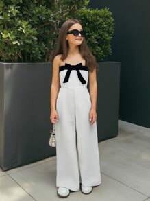 Firerie Kids Firerie Kids Nova Glow Tween 女孩休闲可爱粗花呢撞色肩带蝴蝶结贴身修身返校连体裤 - 白色 - 查看 3