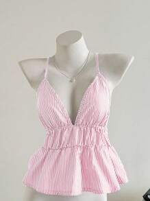 Elamini Áo hai dây sọc cho nữ, đơn giản & thời trang, phù hợp cho mùa hè - Hồng - Xem 4