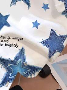 SHEIN 五角星和英文字母印花宽松针织休闲青少年女孩 T 恤，适合夏季 - 彩色 - 查看 5