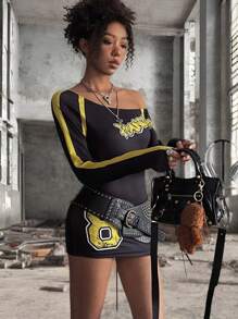 INAWLY Women's Casual Oblique Shoulder Long Sleeve T-Shirt With Simple English Number Print & Contrast Color