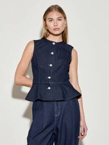AiiRZ Top con chaleco de mezclilla con volante sin mangas, con botones delanteros, índigo crudo, con estructura ajustada, prenda de trabajo profesional, pieza de declaración de moda para primavera y verano - Azul - Ver 7