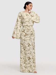 Veilorie 2 件套女士简约时尚休闲长袖上衣和裙子套装，适合日常穿着 - 黃色 - 查看 1