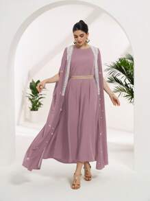 Al Najma Abaya arăbească elegantă pentru damă, bloc de culoare, îmbinare cu perle artificiale - Roz - Vizualizare 5