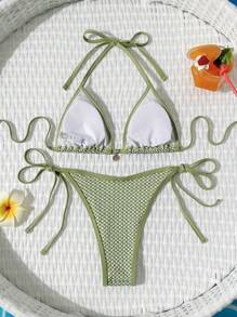 SHEIN Bộ bikini gợi cảm vải kẻ caro buộc dây mới cho nữ, trang phục đi biển mùa hè - màu xanh lá - Xem 6