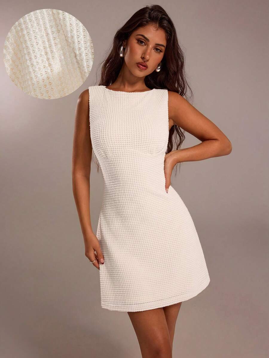 SHEIN Forever 21 Summer New Sleeveless V-Neck Fitted Waist A-Line Mini Dress, Commuting & Leisure - Beige - View 1