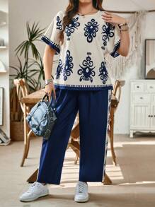 SHEIN LUNE Plus Size Allover Print Round Neck Short Sleeve Top And Pants 2 Pieces Set Summer Outfits For Women Two Pieces Set Women Summer Outfits For Women