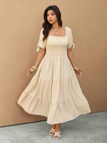 Elaquor Plus Size Solid Color Short Sleeve Long Dress, Casual Holiday Wear - Apricot - View 6