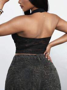 Dripcurv Áo ba lỗ đen cỡ lớn có ren, cổ chữ V gợi cảm - màu đen - Xem 2