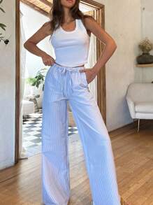 EURMUSE Plus Women's Striped Drawstring Casual Linen Pants - Multicolor - View 1