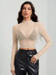 SHEIN Tall 女款純色長袖立領透視性感上衣 - 杏色 - 查看 7