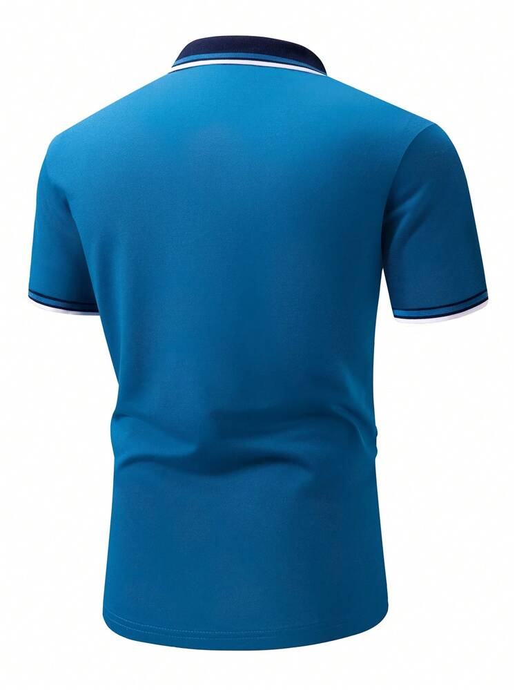 Manfinity Homme 大码男式夏季休闲拼布条纹装饰种马印花 Polo 衫 - 藍色 - 查看 2