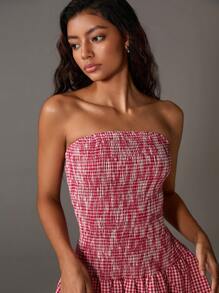 TRNVIE Women's Checkered Strapless Ruffle Dress, Casual & Fashionable For Summer Vacation - Red and White - View 3