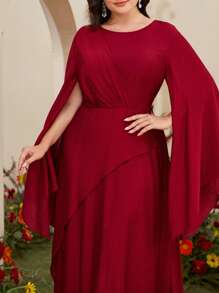 Modelyn Gaun Elegan Wanita Ukuran Besar Gaya Arab Warna Polos Leher Bulat Belahan Lengan Panjang - Burgundy - View 3