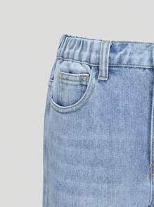 Tween Girls Fashion Light Blue Washed Denim Butterfly Rhinestone Embellished Loose Wide Leg Casual Elastic Waist Jeans - Light Wash - View 7