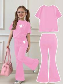 SHEIN Leap Crew 2 pièces/set Top à manches courtes et pantalon casual minimaliste pour filles préadolescentes, convient pour l'été - Lilas - Voir 2
