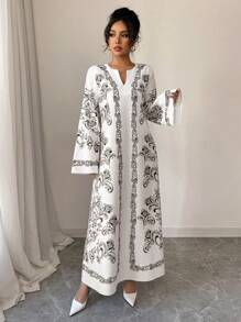 Yasmyna Women Woven Placement Floral Symmetrical Loose Fit Long Sleeve Arabian Dress, Modest - Multicolor - View 1