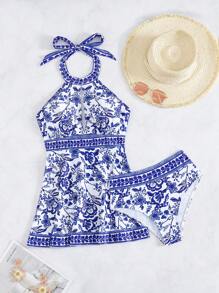 Swim Vcay 2 Pieces Summer New Set, Blue And White Porcelain Print Halter Hollow Out Front And High Waist Swim Bottoms, Women Beach Swimwear - Blue and White - View 4