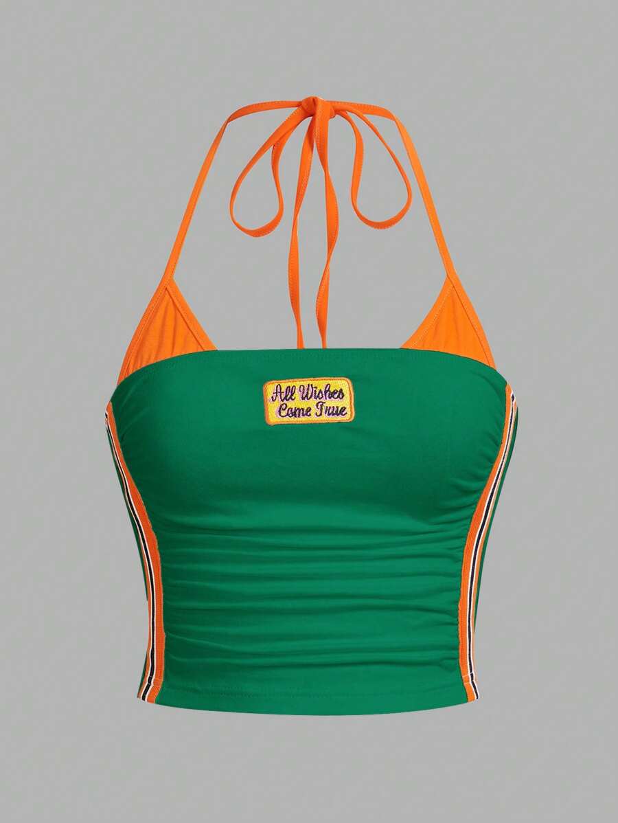 SHEIN ICON Y2k Summer Casual Color-Block Crop Top With Bikercore Letter ...