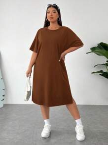 SHEIN EZwear Plus Size Women Brown Basic Casual Solid Color Side Slit Loose Short Sleeve Midi T-Shirt Dress For Summer - Brown - View 3