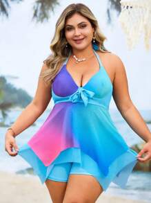 Swim Lushoire 2pcs Plus Size Women Tie-Dye Tie Dye Print Tankini Swimwear Set, Front Double-Layer Mesh, Suitable For Beach & Resort For Summer Beach Vacation - Baby Blue - View 1