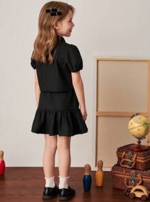 PrepCrw Young Girls' Black Puff Sleeve Shirt & Mini Skirt Set, College Style, Spring/Summer - Black - View 2