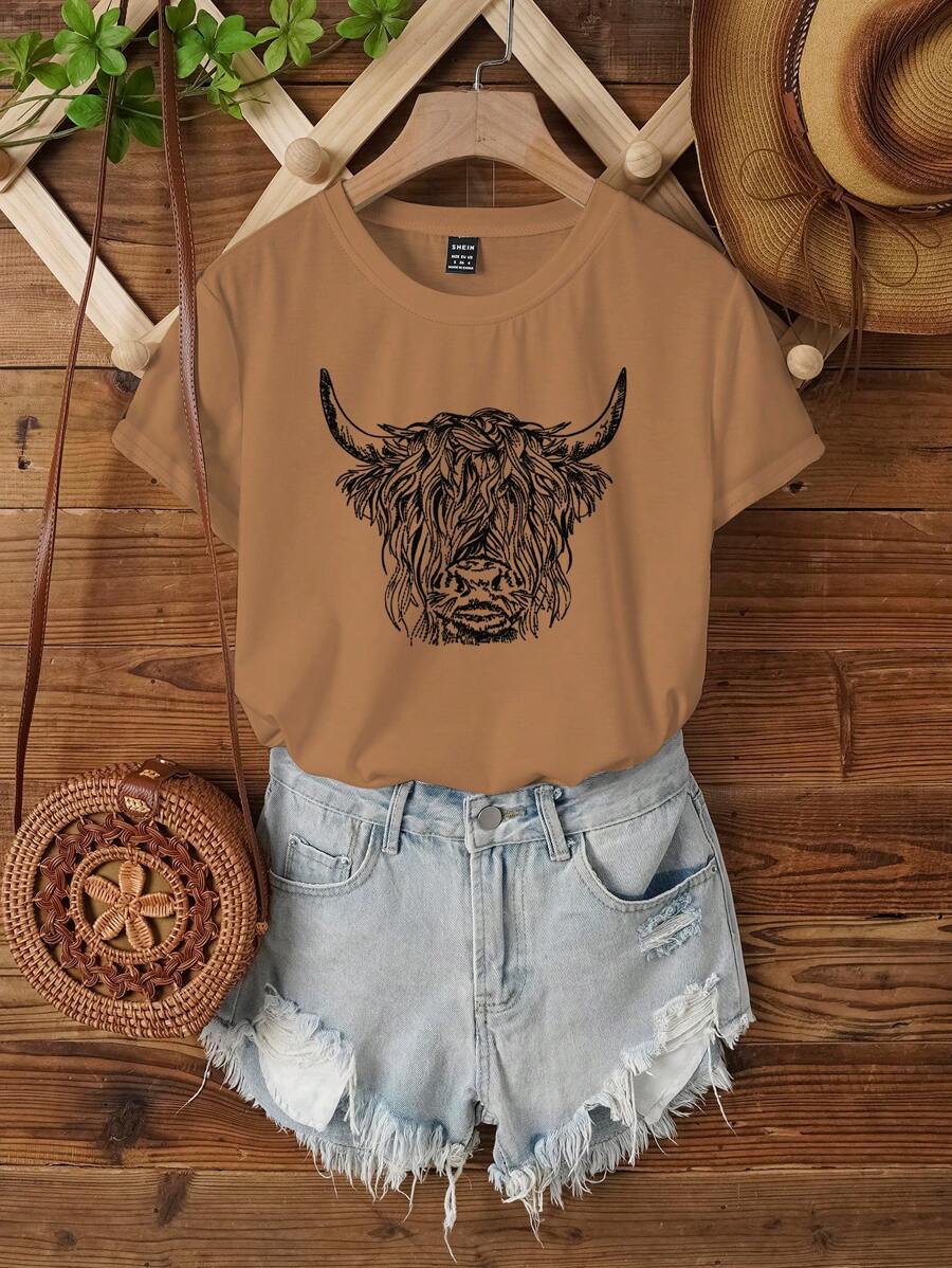 INAWLY Cute Shaggy Highland Cow Print T-Shirt, Western Farm Animal Graphic Loose Round Neck Short Sleeve Tee For Women - Brown - View 1