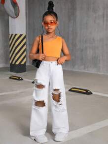 SHEIN SLAYR KIDS 少女 Y2K 白色春夏街头风破洞阔腿牛仔裤，春夏休闲度假乡村波西米亚风，适合少女海滩穿着，西部街头风，春假狂欢节牛仔裤 - 白色 - 查看 6