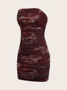 SHEIN EZwear 女士扎染印花褶皱露肩迷你连衣裙 - 酒紅色 - 查看 4