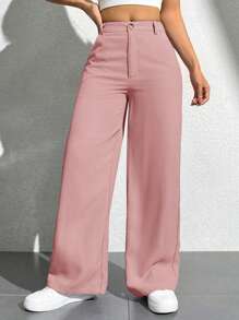 SHEIN PETITE Women's Casual Solid Color Straight Leg Pants - Dusty Pink - View 4