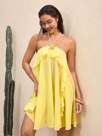 BY FELIZIA Women's Butter Yellow Solid Chiffon Starfish Decoration Open Back Ruffle Sexy Mini Dress For Summer Beach Vacation