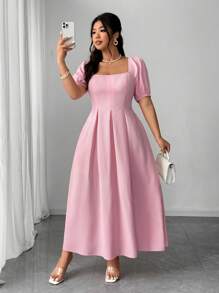 Elenzga Plus Size Vintage Romantic Pink Puff Sleeve Dress - Pink - View 1