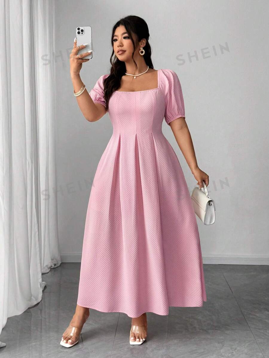 Elenzga Vintage romantisches Kleid mit Puffärmeln in Große Größen, Rosa - Pink - Übersicht 1