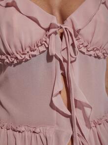 COSMINA Camiseta sin mangas elegante de vacaciones con volantes y lazo frontal para mujer, color rosa