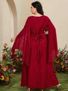 Modelyn Gaun Elegan Wanita Ukuran Besar Gaya Arab Warna Polos Leher Bulat Belahan Lengan Panjang - Burgundy - View 2
